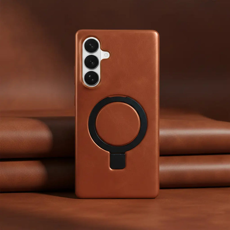 Samsung Galaxy S26 Plus Full-Grain Oil Wax Kickstand Leather Case (Brown) + MagSafe outdoor
