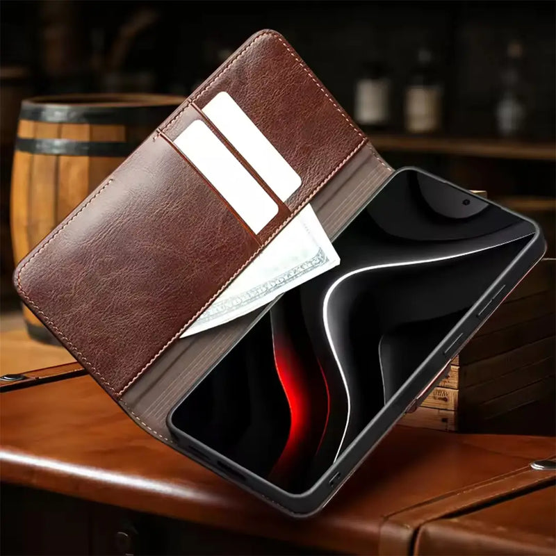 Samsung Galaxy S26 Ultra Business Style Genuine Leather Wallet Case (Brown) built in card holder