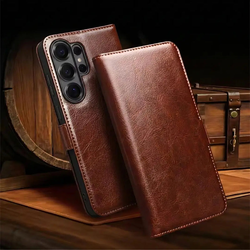 Samsung Galaxy S26 Ultra Business Style Genuine Leather Wallet Case (Brown) camera protection