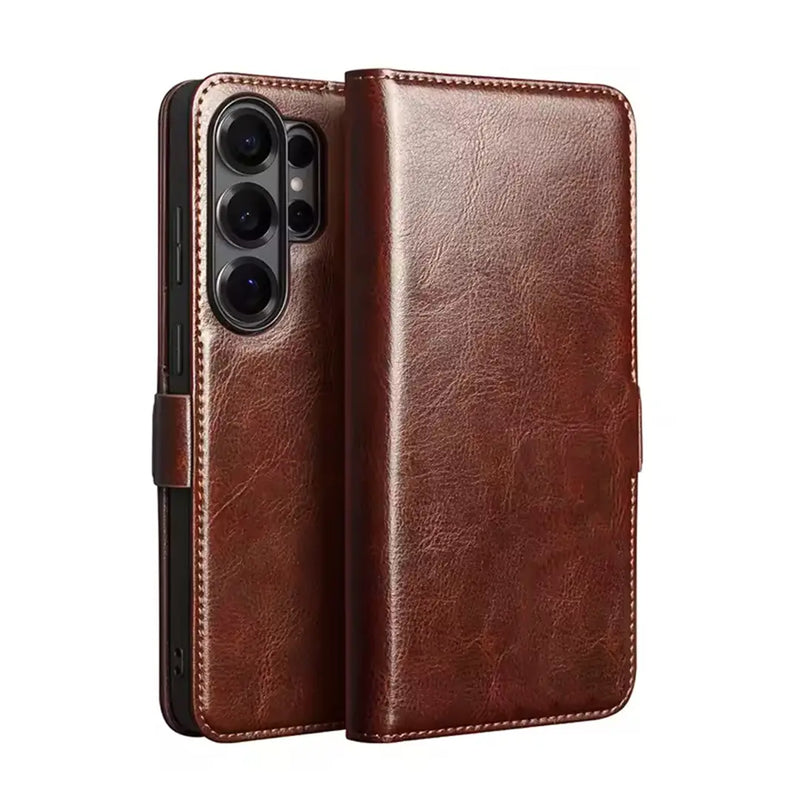 Samsung Galaxy S26 Ultra Business Style Genuine Leather Wallet Case (Brown)