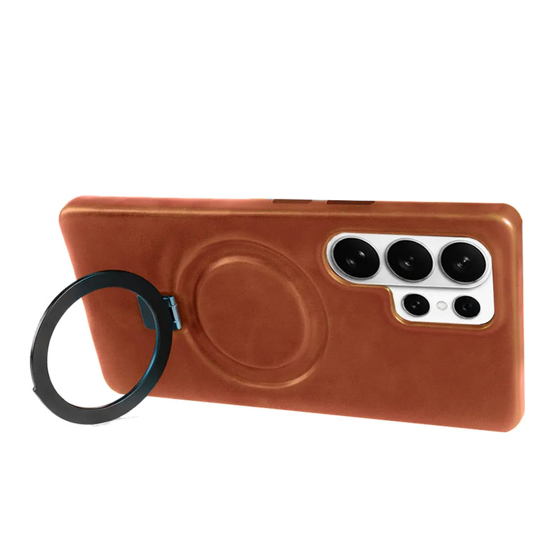 Samsung Galaxy S26 Ultra Full-Grain Oil Wax Kickstand Leather Case (Brown) + MagSafe Charging