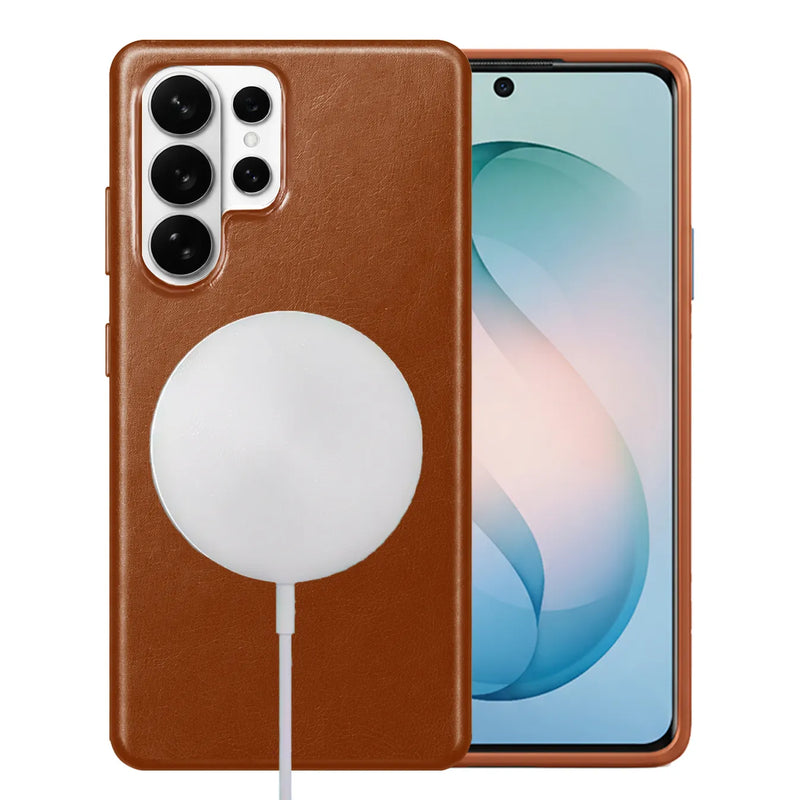 Samsung Galaxy S26 Ultra Full-Grain Oil Wax Full Wrapped Leather Case (Brown) + MagSafe charging