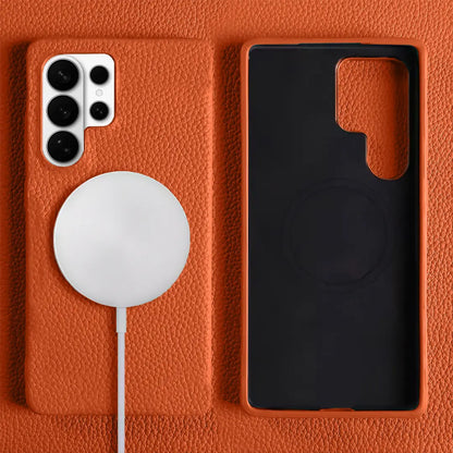 Samsung Galaxy S26 Ultra Full Coverage Premium Genuine Leather Case (Orange) + MagSafe charging