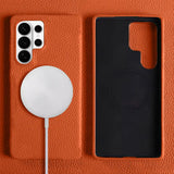 Samsung Galaxy S26 Ultra Full Coverage Premium Genuine Leather Case (Orange) + MagSafe charging