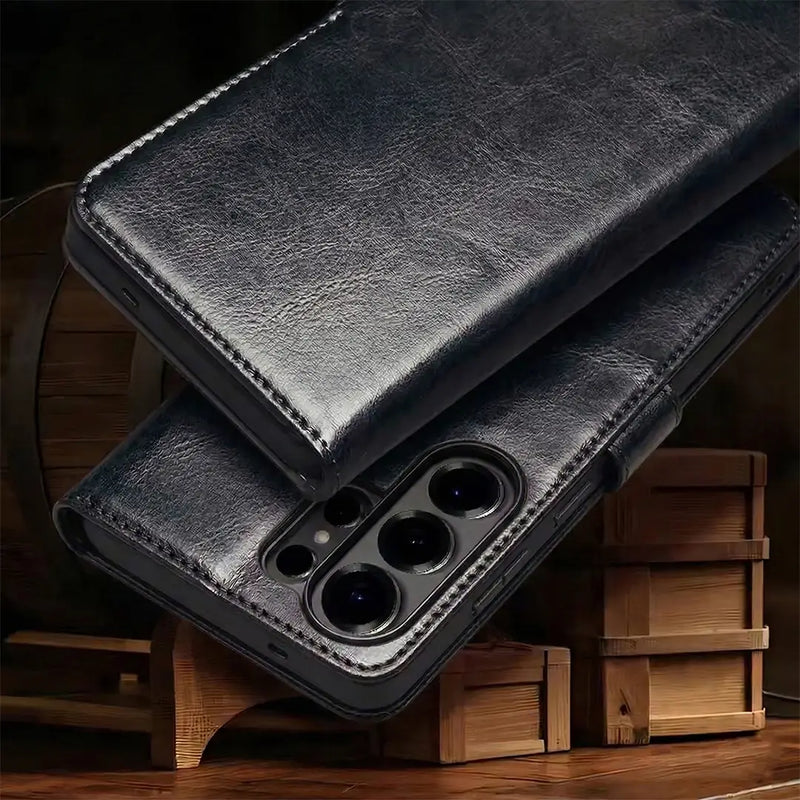 Samsung Galaxy S26 Ultra Business Style Genuine Leather Wallet Case (Black) camera protection