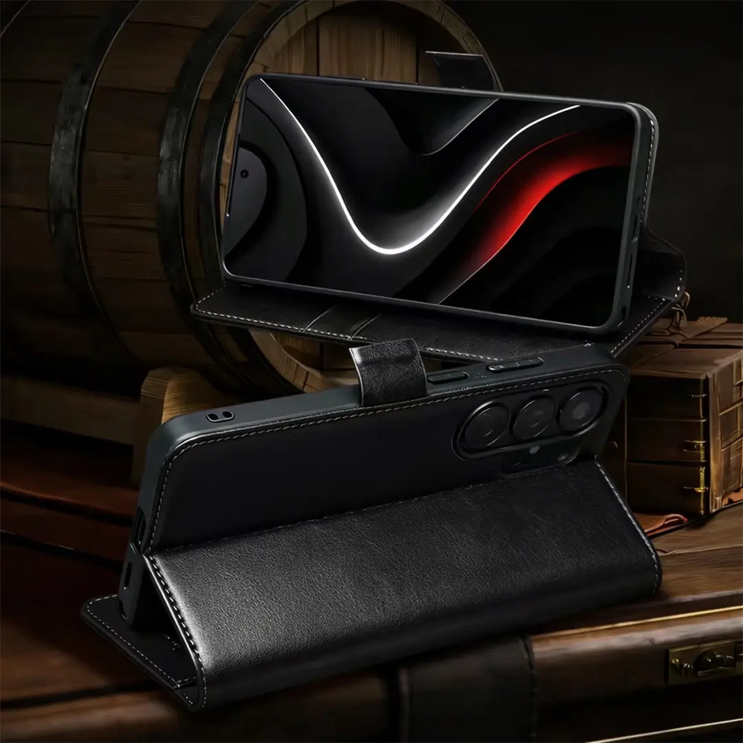 Samsung Galaxy S26 Ultra Business Style Genuine Leather Wallet Case (Black) fold system